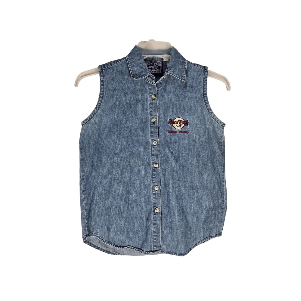 Hard Rock Cafe Shirt Womens S Cayman Islands Blue Denim Sleeveless EUC